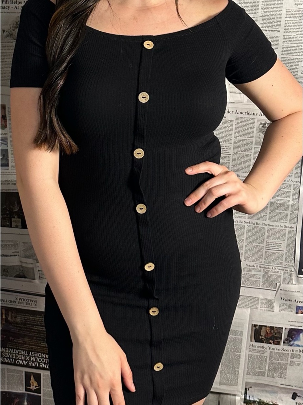 Black Short Sleeve Button-Front Ribbed Dress